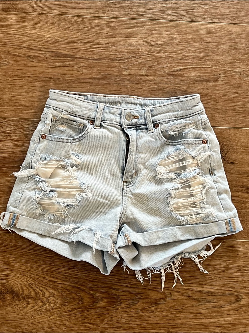 American Eagle Outfitters Light Blue Distressed Roll-Hem Jean Shorts